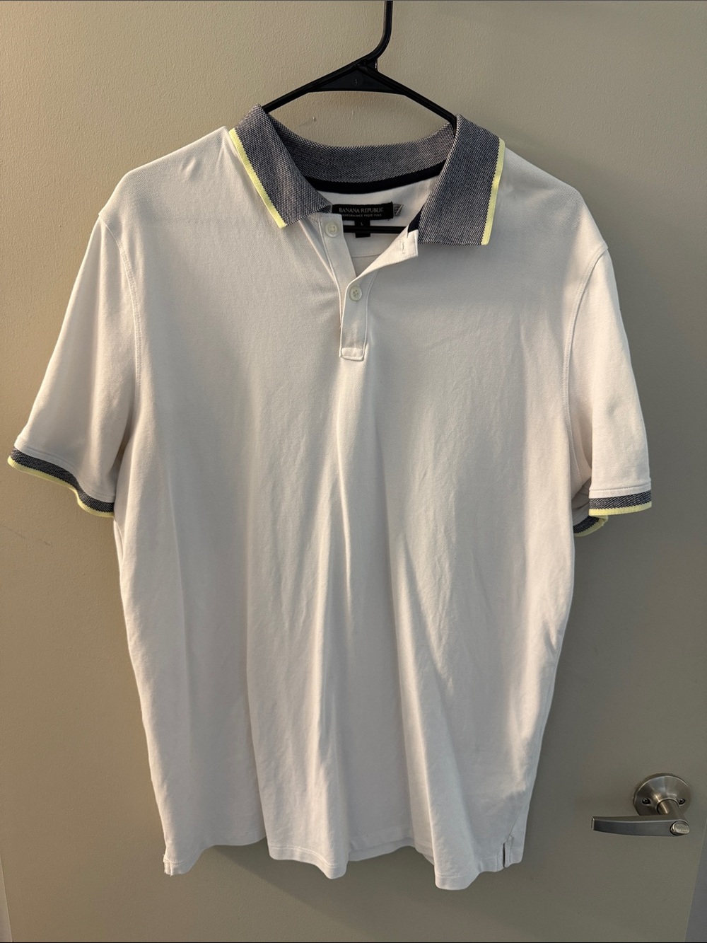 Banana Republic White Polo with Gray Collar and Yellow Trim
